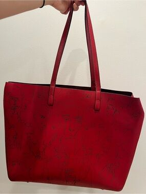 Zara Limited Basel Collection Art Basel Laser Cut Face Red Genuine Leather  Tote